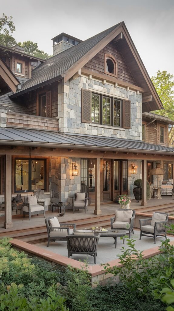 A sprawling rustic house with a stone and wood shingle exterior, featuring a large covered porch with outdoor furniture, and a separate patio area, nestled among trees.