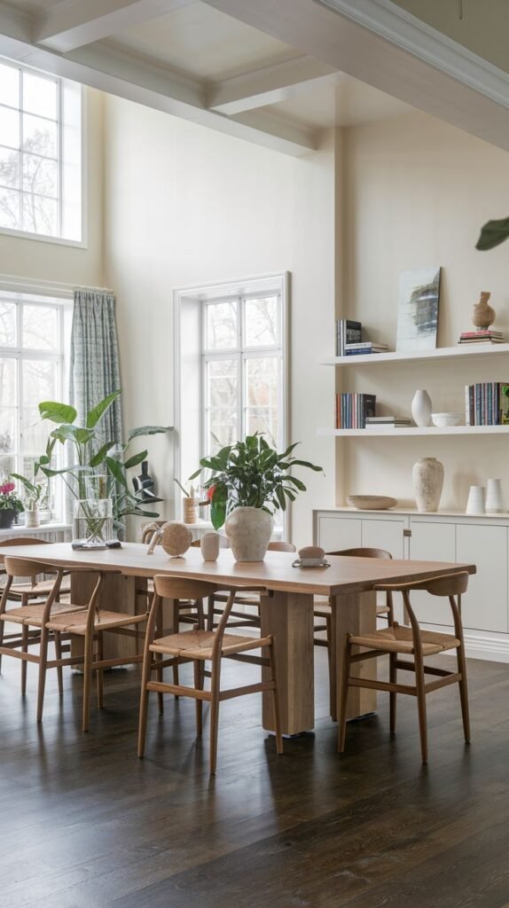 A Spacious Contemporary Scandinavian dining room boasts a long wooden dining table with a substantial, solid base and light wood chairs with woven seats. The room is well-lit by tall, multi-paned windows and features wall-mounted shelves with decorative items. Several potted plants contribute to a lively, natural feel on the dark wood floor.
