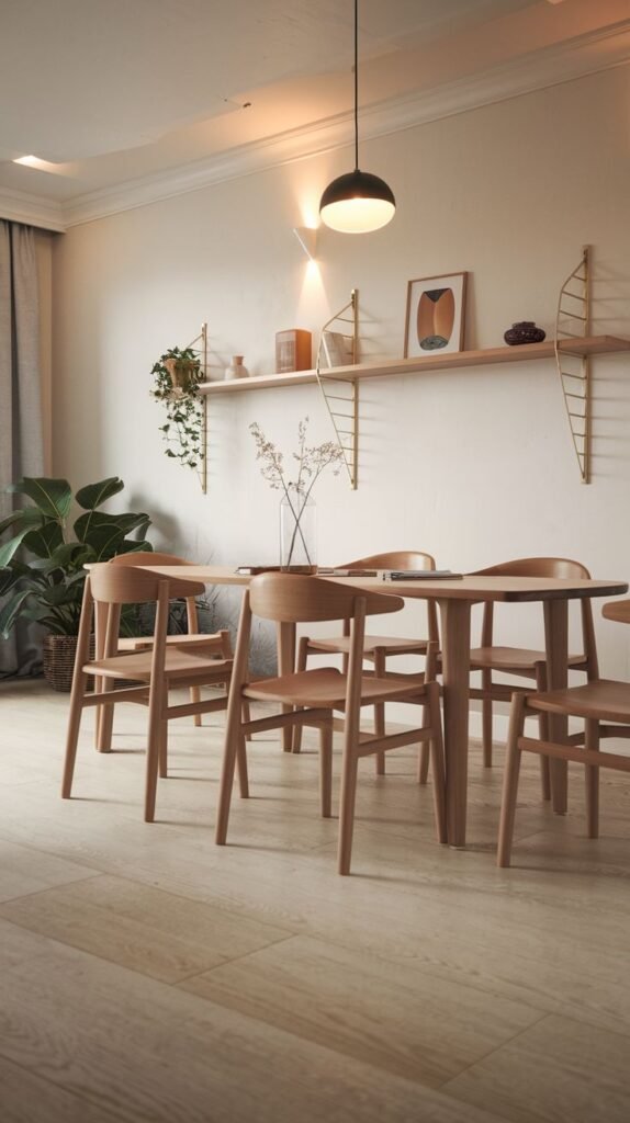 This Inviting Contemporary Scandinavian dining area has a rectangular wooden dining table and matching wooden chairs. Modular metal wall shelves are filled with decor, and a simple black pendant light hangs overhead. A large potted plant adds a touch of nature to the light wood floor.