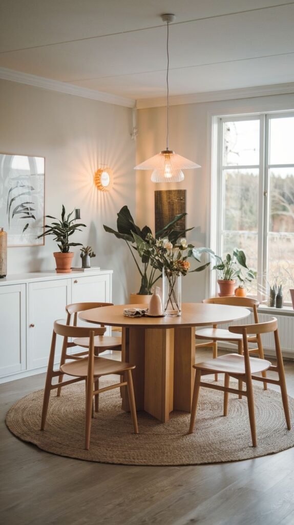 A Charming Contemporary Scandinavian dining space with a round, light wooden dining table and a thick, cylindrical base, surrounded by wooden chairs. A round jute rug grounds the area. The room is brightened by a large window and features a white sideboard and stylish wall sconces, with multiple potted plants.