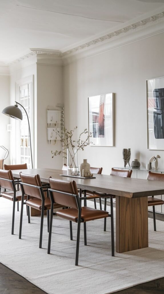 This Sophisticated Contemporary Scandinavian dining room features a long, dark wooden dining table with a substantial, solid base and elegant brown leather chairs with black metal frames. The room includes abstract framed art, a large floor lamp, and a light rug, creating a refined ambiance.