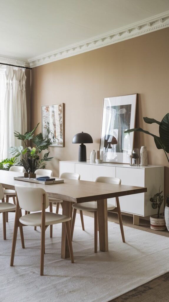 A Serene Contemporary Scandinavian dining room with a light wooden dining table and cream upholstered chairs. A modern white sideboard is adorned with varied decor and framed art. Multiple large potted plants add a vibrant touch of green to the room, which is anchored by a light-colored rug.