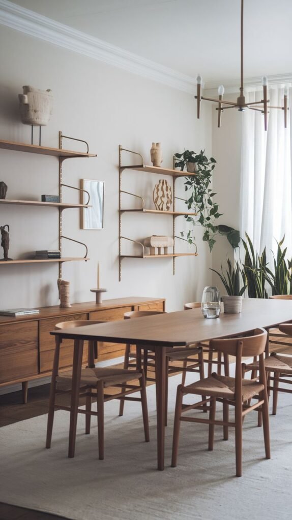 This Organized Contemporary Scandinavian dining room features an oval wooden dining table and light wood chairs with woven seats. A modular wooden wall shelving unit extends across the wall, holding various decor. A modern chandelier with multiple light sources illuminates the space, which has a light rug.