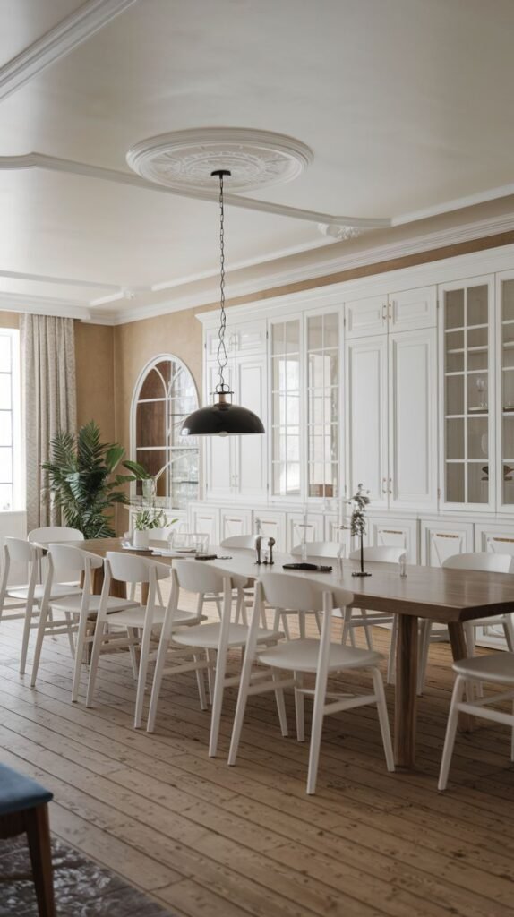 A Classic Contemporary Scandinavian dining room with a long wooden dining table surrounded by white chairs. The room is dominated by a long wall of white cabinets with glass doors, providing ample storage and display space. A large arched window and a dark pendant light enhance the grandeur of the wooden floor.