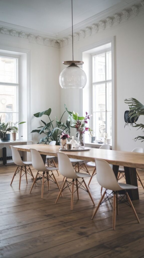 A Bright Contemporary Scandinavian dining room showcases a long, light wooden dining table and modern white chairs with light wooden legs. A large, clear glass globe pendant light hangs overhead. The room is well-lit by tall windows and features several large potted plants, complementing the warm wooden floor.