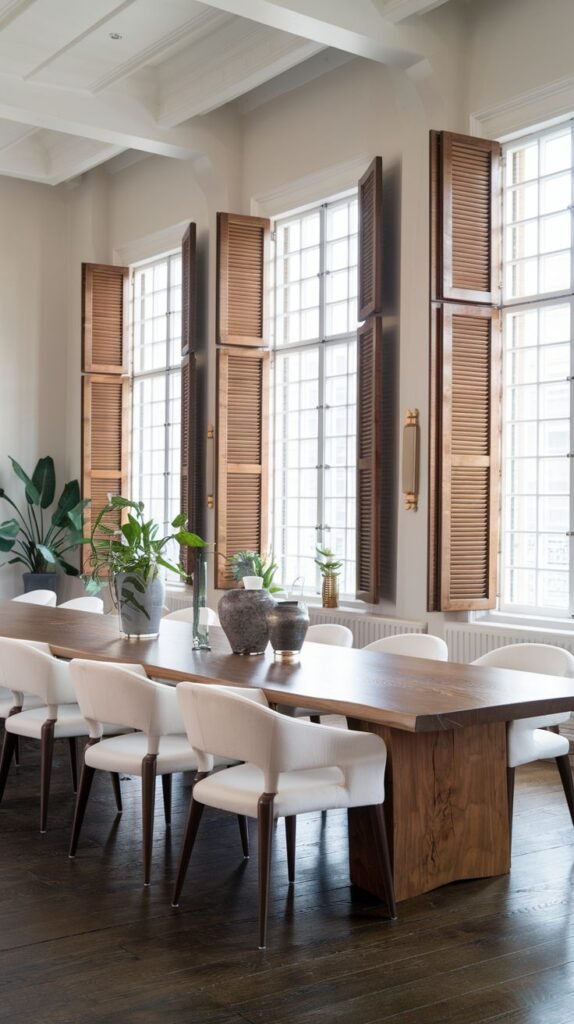 This Stately Contemporary Scandinavian dining room features a long, dark wooden dining table with a robust, natural wood base and elegant white upholstered armchairs. The room is notable for its tall windows fitted with wooden shutters, adding texture and privacy to the rich wooden floor.