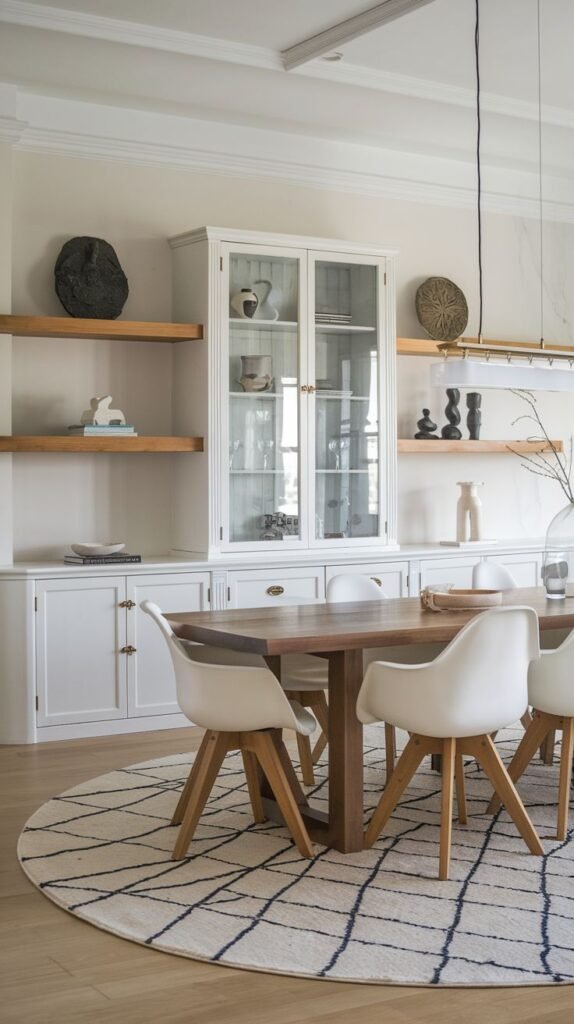 A Stylish Contemporary Scandinavian dining room with an oval wooden dining table featuring a unique, angled wooden base and white chairs with wooden legs. The space is defined by a round rug with a geometric grid pattern. A white display cabinet and wooden wall shelves are filled with decorative objects, completing the bright aesthetic.