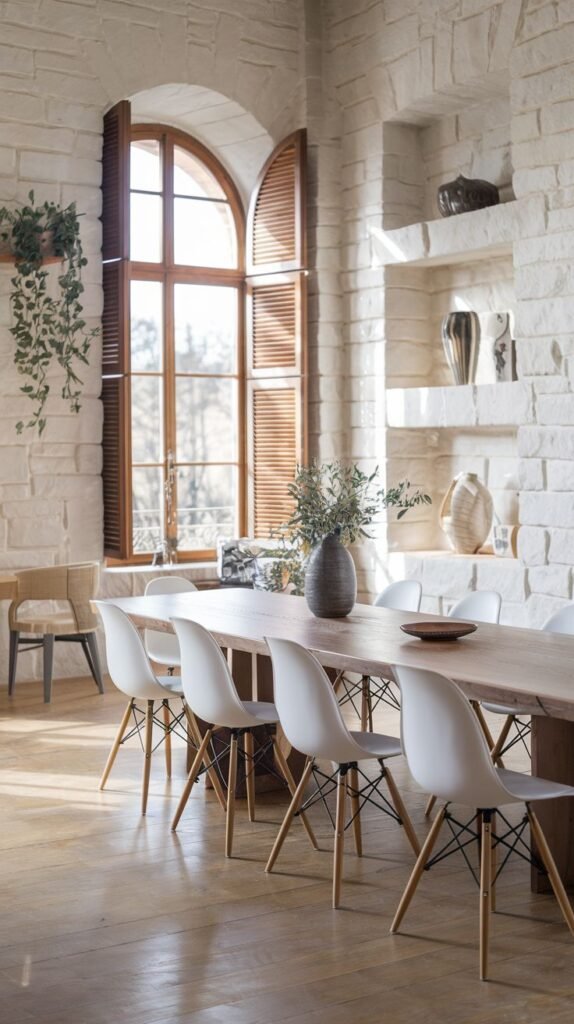 This Unique Contemporary Scandinavian dining room is characterized by a large arched window with rustic wooden shutters, letting in abundant natural light. A long wooden dining table is surrounded by modern white chairs with wooden legs. The room also features a white brick wall with built-in decorative shelves.