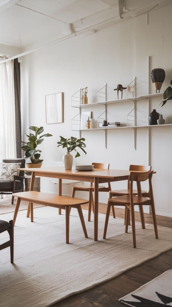 This Functional Contemporary Scandinavian dining room features a rectangular wooden dining table with matching wooden chairs and a wooden bench. White modular wall shelves display various decor. A large potted plant adds greenery, and a light-colored rug covers the floor, creating a clean, organized space.