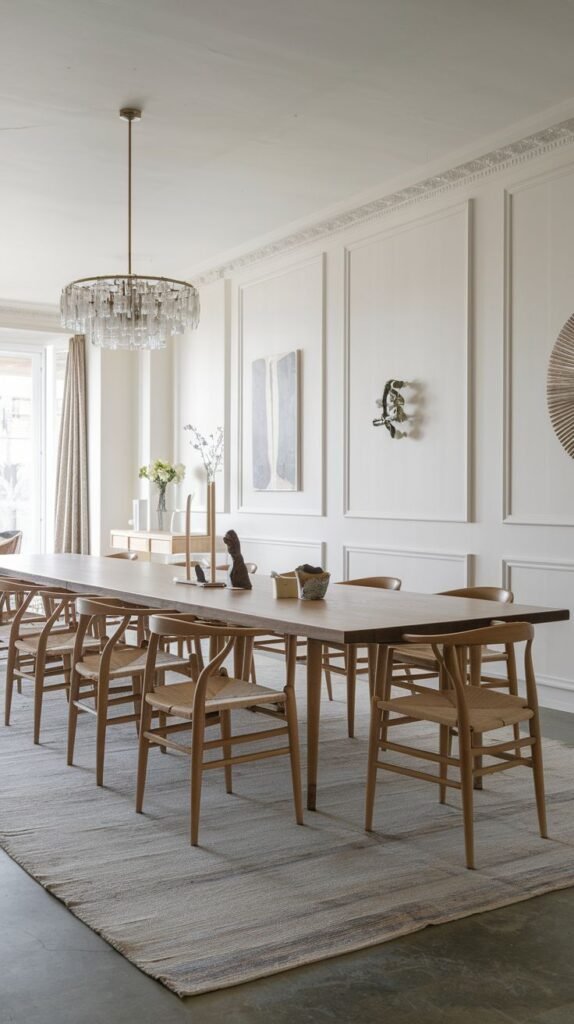 A Contemporary Scandinavian dining room features a long, sleek wooden dining table surrounded by light wood chairs with woven seats. A large, elegant crystal chandelier hangs above, complementing the white paneled walls and classic molding. The room is brightened by large windows with light drapes and grounded by a neutral rug.