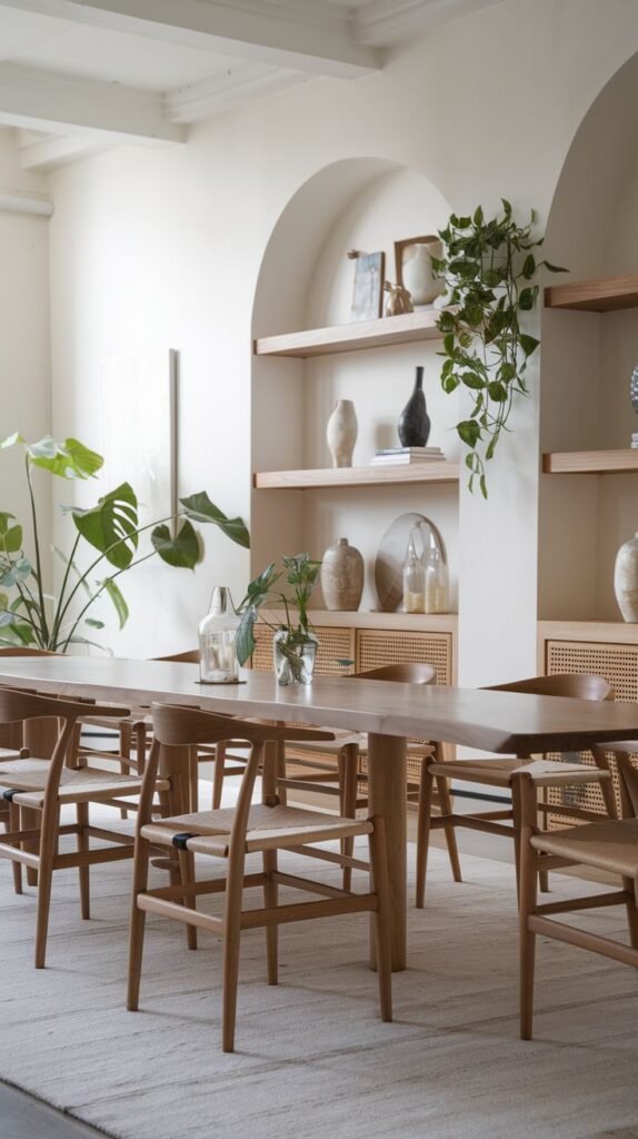 This Contemporary Scandinavian dining space showcases a long wooden dining table paired with light wood chairs featuring woven seats. The room is characterized by soft arched built-in shelves displaying various decorative items, and a large, vibrant potted plant adds a touch of nature. A light-colored rug covers the floor.
