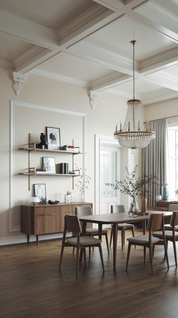 A Contemporary Scandinavian dining room with a warm wooden dining table and upholstered chairs. The space includes a stylish wooden sideboard and open wall shelves adorned with books and art. A grand crystal chandelier illuminates the room, which also features a coffered ceiling and dark wood flooring.