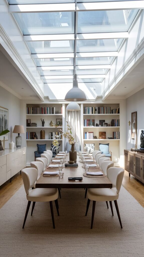 This Contemporary Scandinavian dining area is brightened by an impressive large skylight stretching across the ceiling. A long wooden dining table is set with cream upholstered chairs. The walls are lined with built-in bookshelves, and a large pendant light hangs centrally, all set on a light rug.