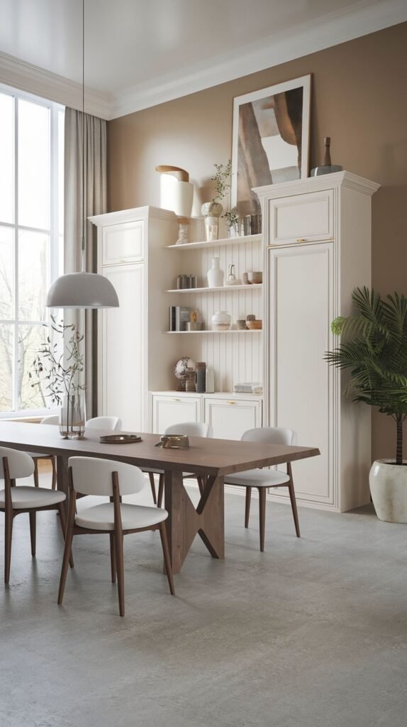 A Contemporary Scandinavian dining room featuring a long wooden dining table with a distinctive, sturdy base paired with white upholstered chairs. The room has tall, integrated white cabinets with open shelving, displaying various decor. A large window and a potted palm tree add natural elements to the concrete floor.