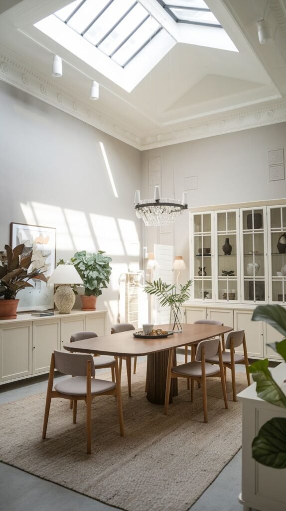 This Contemporary Scandinavian dining room is bathed in light from an overhead skylight, complementing a wooden dining table surrounded by upholstered chairs. The space includes white cabinets or sideboards, a modern chandelier with a dark frame and clear elements, and multiple potted plants, all resting on a light-colored rug.