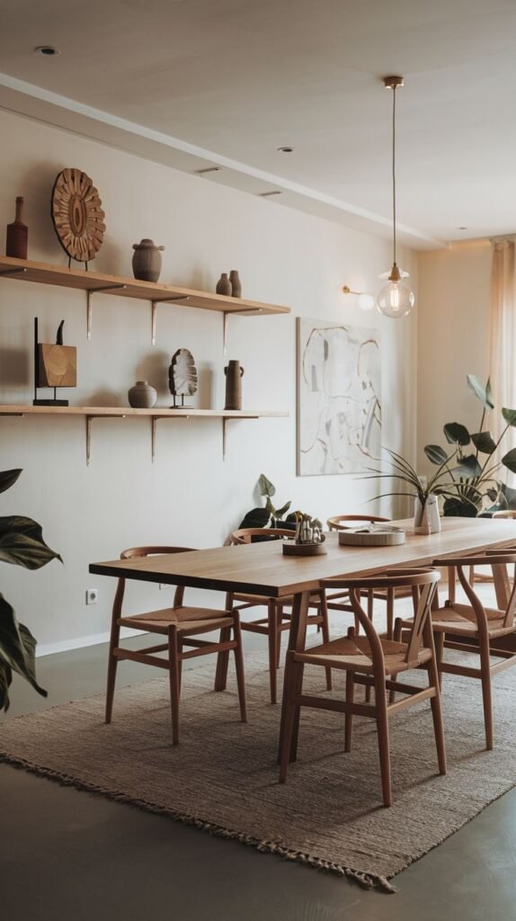 A Contemporary Scandinavian dining room features a long wooden dining table and light wood chairs with woven seats. The room has minimalist wooden wall shelves showcasing various decorative objects and an abstract painting. A simple pendant light hangs above, and potted plants enhance the natural aesthetic on the concrete floor.