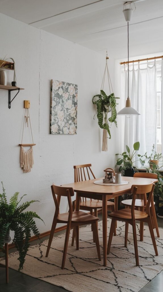 This Cozy Contemporary Scandinavian dining nook contains a smaller square wooden dining table and matching wooden chairs. The floor is covered by a light rug with a bold geometric pattern. The space is decorated with hanging plants, a framed art piece, and features a large window with sheer white curtains, creating a soft, inviting atmosphere.