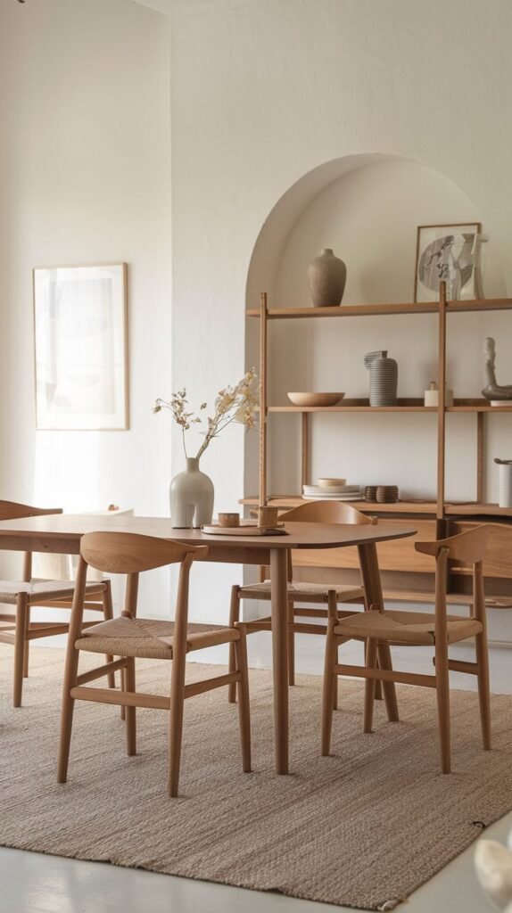 A Serene Contemporary Scandinavian dining room with an oval wooden dining table and light wood chairs with woven seats. The room is defined by a gentle arched alcove that houses a tall wooden shelving unit filled with various artistic and ceramic pieces. A light-colored rug anchors the space.
