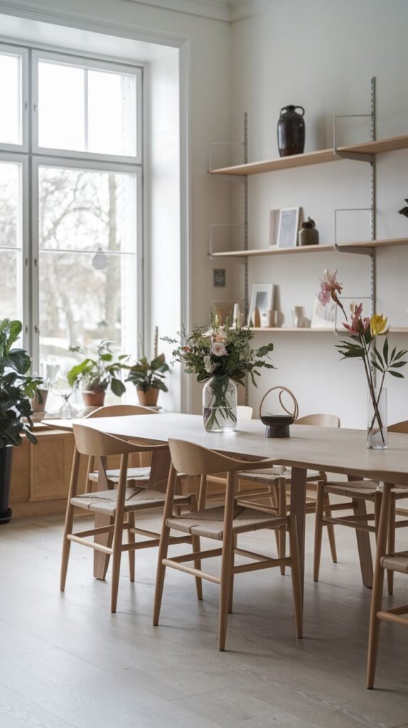 A Bright Contemporary Scandinavian dining room showcases a long, light wooden dining table and matching light wood chairs with woven seats. Large windows offer an expansive view, and the room is furnished with minimalist wall shelves displaying various decorative objects and plants, enhancing the light wood flooring.