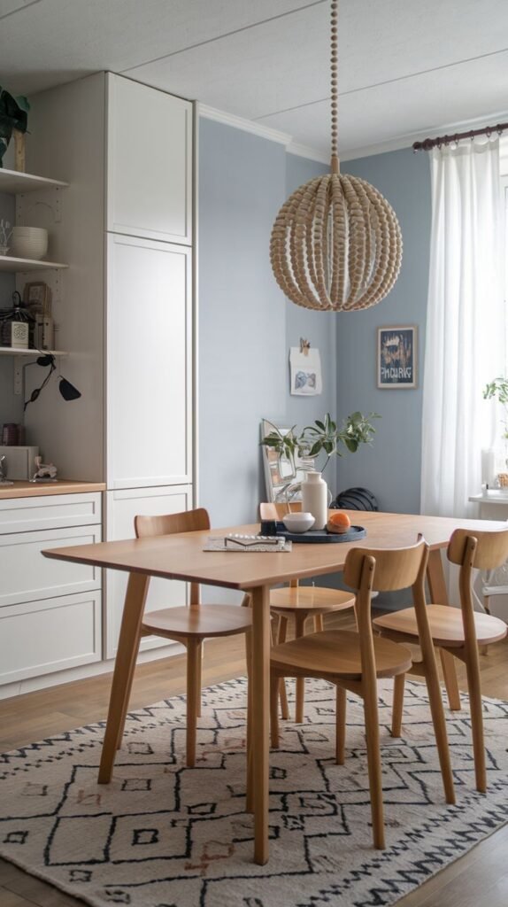 This Charming Contemporary Scandinavian dining area features a square wooden dining table and simple wooden chairs. A distinctive wooden beaded spherical chandelier hangs prominently above the table. The room includes white built-in cabinets and a light blue wall, with a patterned rug adding visual interest.