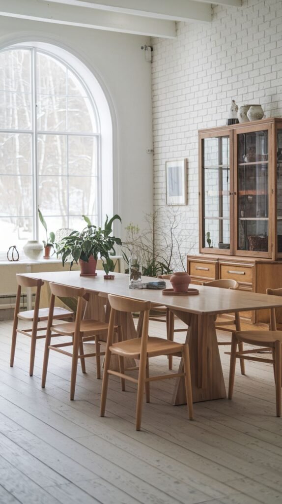 This Luminous Contemporary Scandinavian dining area features a long, light wooden dining table with a robust wooden base and simple wooden chairs. The room is highlighted by a large arched window and a white brick wall. A traditional wooden display cabinet adds a touch of warmth to the light wood floor.