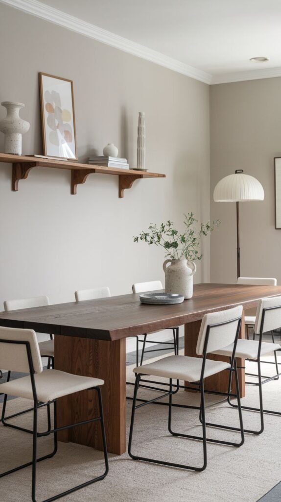 A Modern Contemporary Scandinavian dining room presents a long, dark wooden dining table surrounded by white upholstered chairs with sleek black metal frames. A simple wooden wall shelf holds minimalist decor, and a tall floor lamp stands in the corner. A light-colored rug covers the floor, creating a cohesive look.