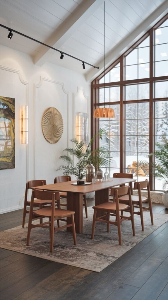 This Dramatic Contemporary Scandinavian dining room is defined by large, tall windows offering a snowy outdoor view and a vaulted ceiling. A wooden dining table is paired with dark wood chairs. The room features track lighting and a modern bronze pendant light, with potted plants adding greenery to the dark wood floor.
