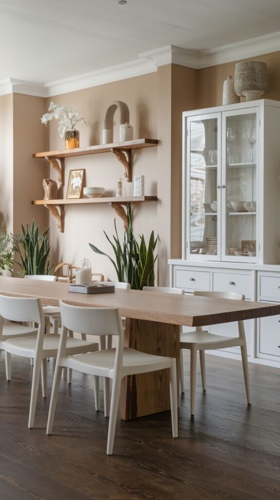 A Warm Contemporary Scandinavian dining room features a long, light wooden dining table with a thick, solid base and clean white chairs. The walls are adorned with wooden wall shelves displaying decor, and a white display cabinet provides storage. Numerous tall potted plants bring life and color to the dark wood floor.