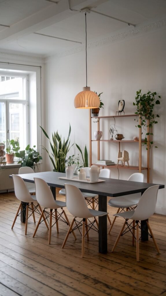 This Airy Contemporary Scandinavian dining room includes a long, dark dining table and white chairs with light wooden legs. A unique wooden slatted pendant light hangs overhead. The space is decorated with a wooden shelving unit filled with plants and decor, against a light-colored wall and wooden floor.