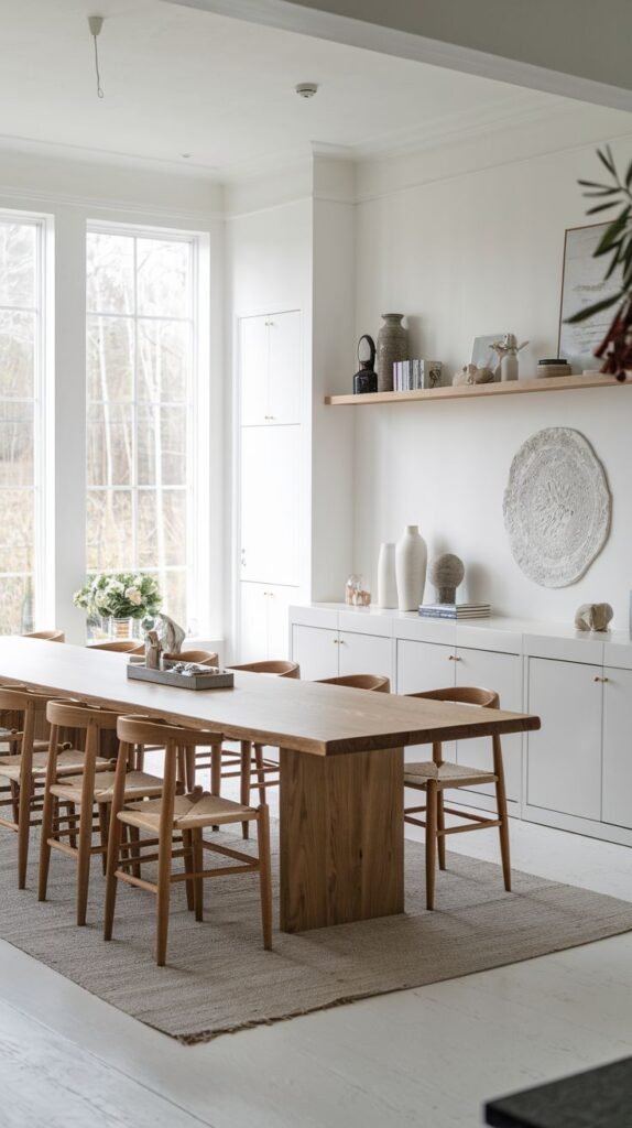 A Spacious Contemporary Scandinavian dining room features a long, light wooden dining table with a substantial base and light wood chairs with woven seats. The room is illuminated by tall windows and includes white built-in cabinets and shelves displaying decorative items. A neutral rug unifies the space on the light wood floor.