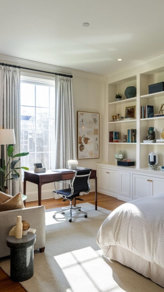 A bright and airy guest bedroom featuring a dedicated office space with a dark wood desk and a black ergonomic chair positioned by a large window. The bedroom also includes a comfortable white bed, a cozy armchair, and extensive built-in white bookshelves, creating a highly functional and inviting environment.
