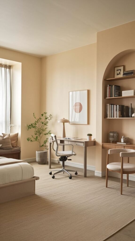 A minimalist and inviting guest bedroom with a dedicated office space, featuring a light wood desk and a light-colored office chair. An arched built-in shelf unit on the right wall adds architectural interest to this well-organized bedroom, making it perfect for both rest and work.