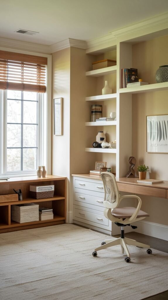 A bright and adaptable guest bedroom that includes a well-designed office area with a light wood desk and a unique woven-back office chair. The bedroom also features built-in shelving, a window with wood blinds, and a built-in bench below it, optimizing space for work and leisure.