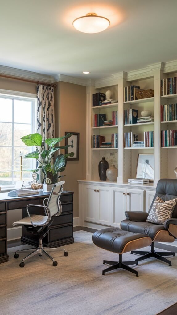A stylish and functional guest bedroom with a complete home office setup, featuring a dark wood desk, an ergonomic office chair, and a large white built-in bookshelf with lower cabinets. A comfortable leather armchair with an ottoman provides a relaxing corner in this versatile bedroom.