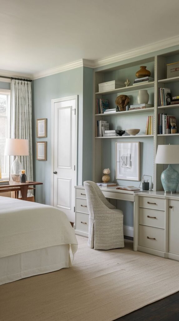 A calm and organized guest bedroom that seamlessly integrates an office space, featuring a light-colored built-in desk with drawers and open shelves above, paired with a patterned chair. A white door is also visible, enhancing the practicality of this functional bedroom.