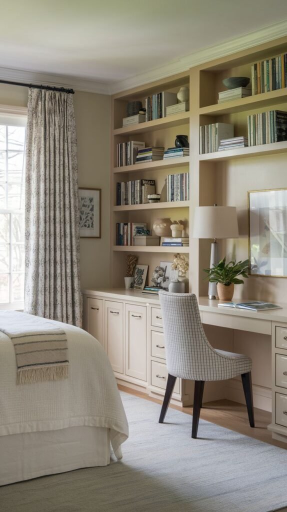 A welcoming guest bedroom featuring an efficient office area with a light-colored built-in desk and accompanying checkered chair. The extensive built-in shelving in this bedroom provides ample storage and display space, combining comfort with a practical workspace.