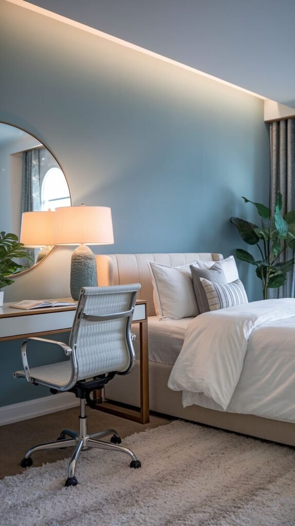 A modern and sleek guest bedroom equipped with a stylish office desk and a silver ergonomic chair, positioned next to a large round mirror. The serene light blue walls with accent lighting near the ceiling make this bedroom an ideal tranquil workspace.