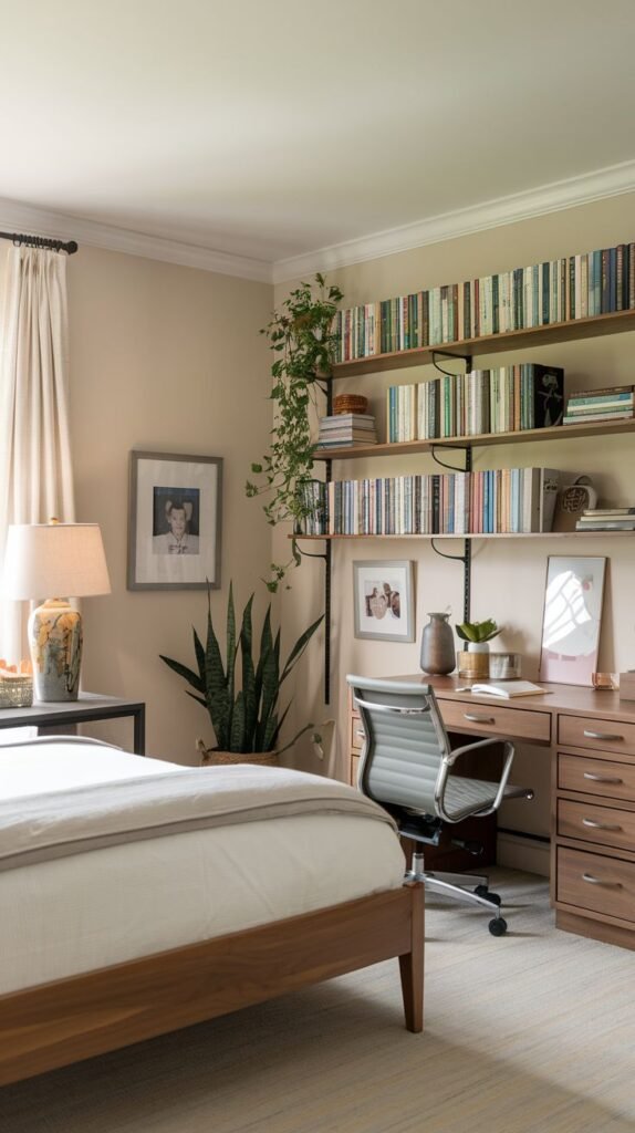 A functional guest bedroom that incorporates a well-appointed office area with a dark wood desk with drawers and a gray office chair. Floating shelves above the desk provide storage for books and decor, making this bedroom both practical and inviting.