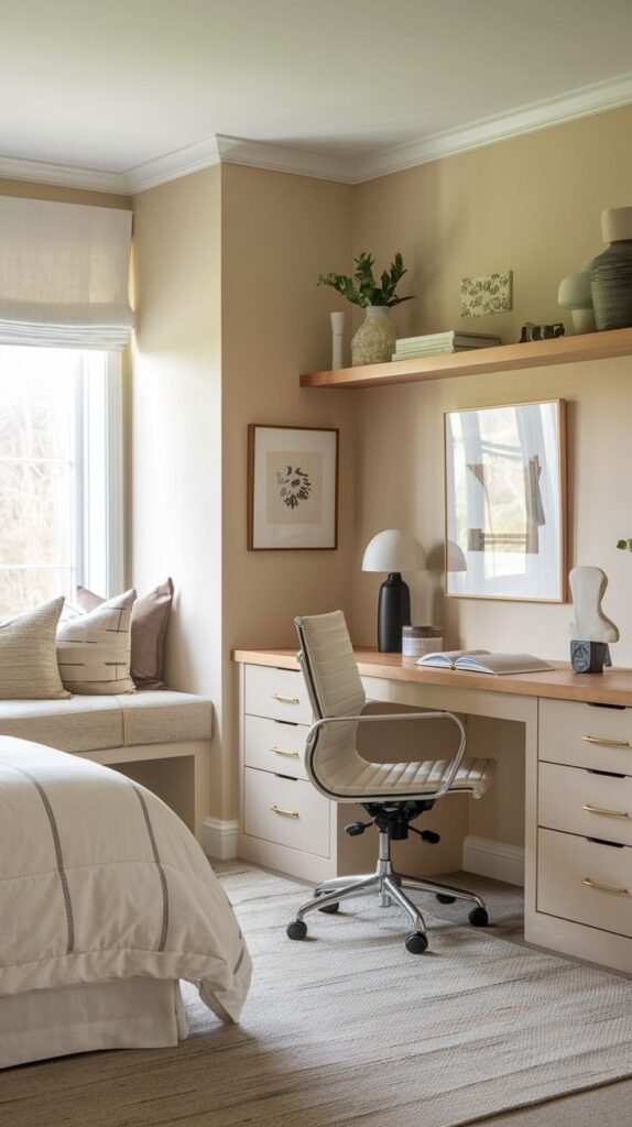 A bright and contemporary guest bedroom featuring a custom-built office desk with drawers and a stylish light-colored office chair with a woven back. The bedroom also includes open shelves above the desk and a comfortable window bench with pillows, offering a versatile space for rest and work.