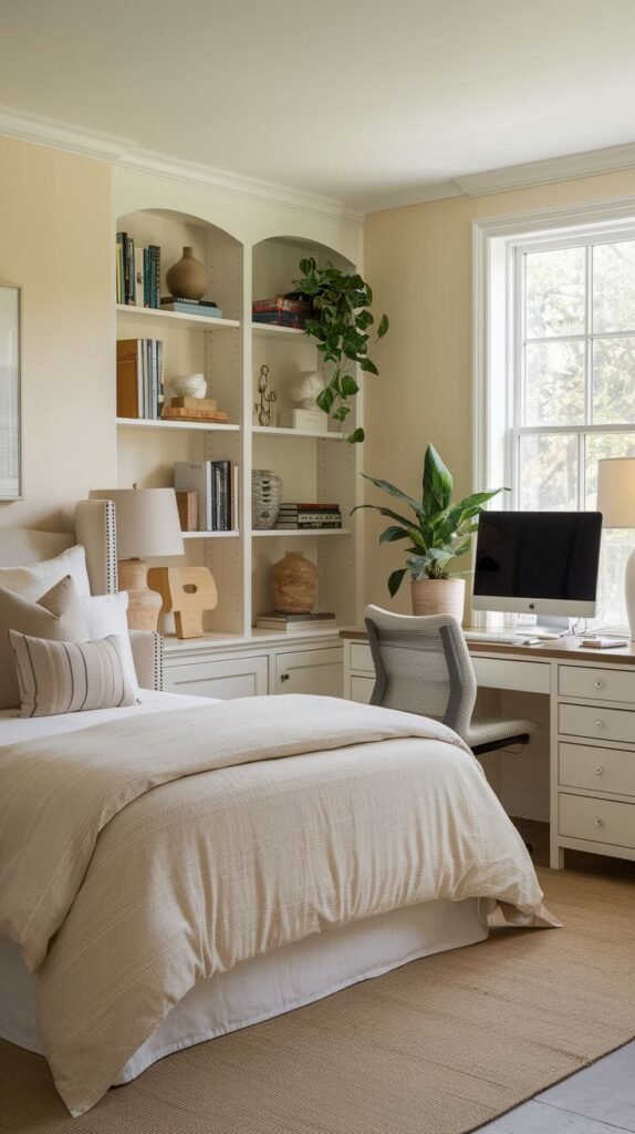 A warm and welcoming guest bedroom designed to function as a home office, showcasing a white built-in desk with a computer monitor and a light gray office chair next to a window. The bedroom area features a neutral-toned bed and white open shelves above the desk, styled with books and plants.