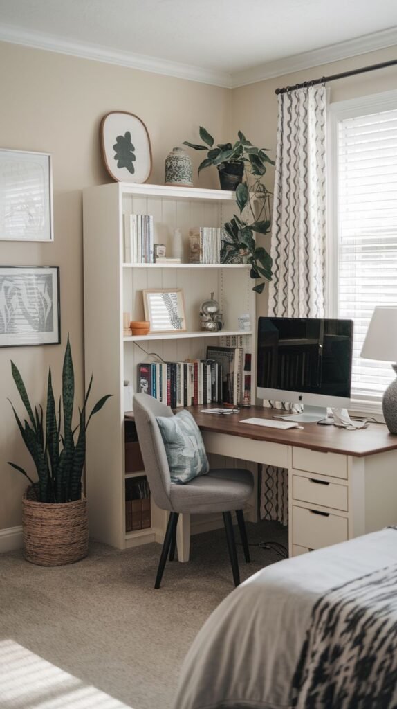 A practical guest bedroom set up with a dedicated office space, including a white desk with a computer monitor and a comfortable gray chair. A tall white bookshelf on the left adds storage and display areas to this functional bedroom.