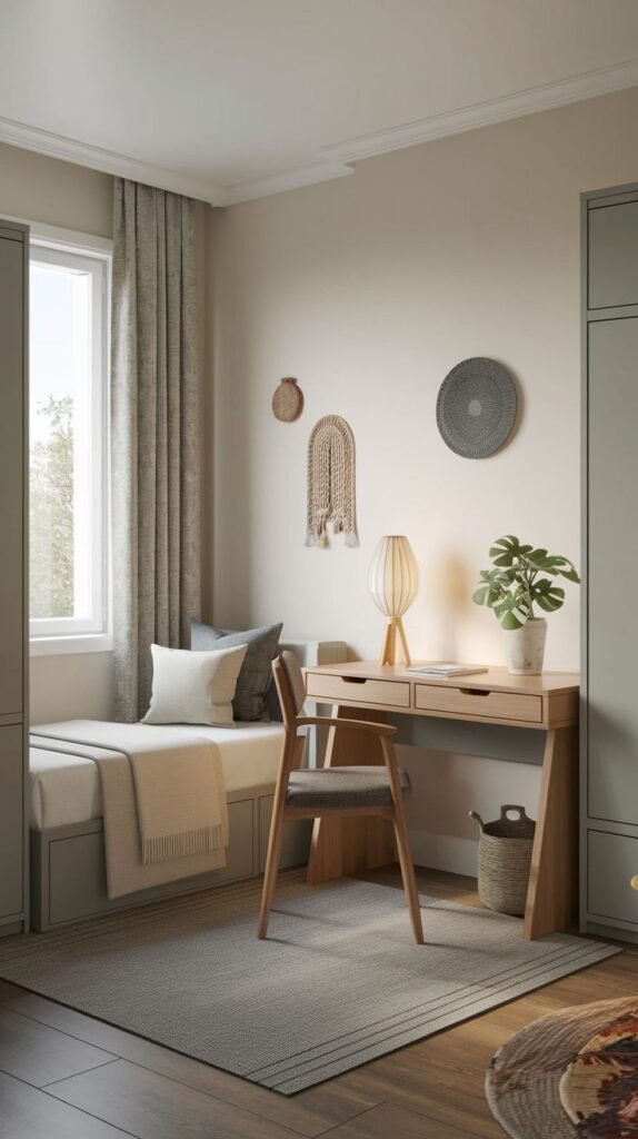 A compact and efficient guest bedroom with a simple, light wood office desk and a wooden chair. The bedroom maximizes space with a cozy window seat and integrated tall cabinets, creating a functional and inviting area.