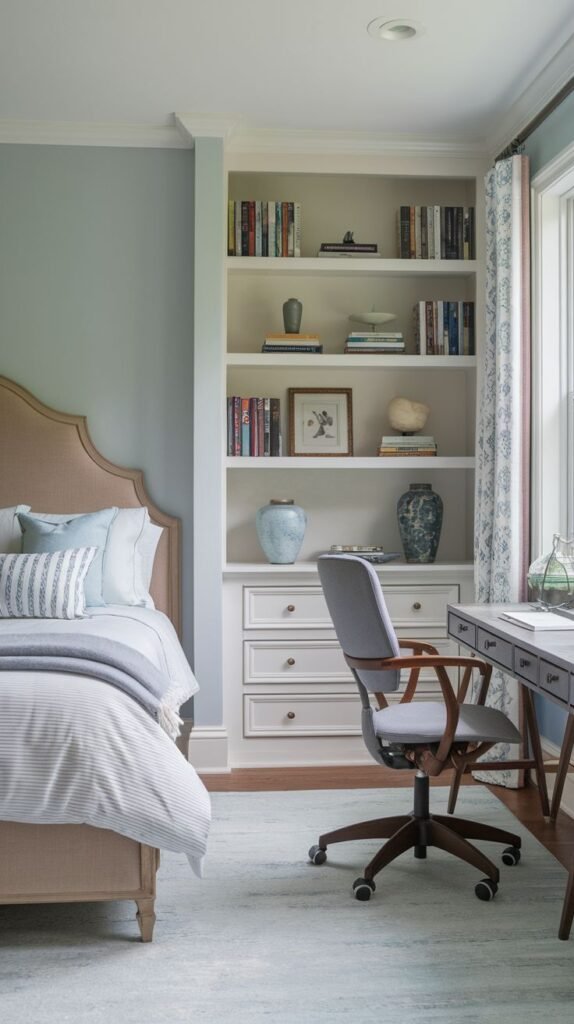 A serene guest bedroom designed with a cohesive office area, featuring a white built-in bookshelf with lower cabinets and a dark wood desk with a gray office chair. The calming light blue walls provide a tranquil backdrop for this multi-functional bedroom.