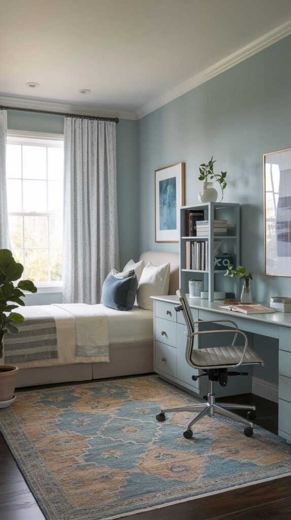 A vibrantly designed guest bedroom that includes a dedicated office space with a light blue desk and a gray office chair. A small blue bookshelf on the desk and a bold patterned rug add personality to this inviting bedroom, suitable for both leisure and focused work.