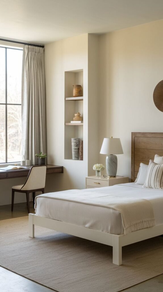 A minimalist and elegant guest bedroom incorporating a sleek office nook with a floating dark wood desk and a light-colored chair by a large window. A small built-in shelf on the wall adds a practical touch, making this bedroom a peaceful retreat for both guests and work.