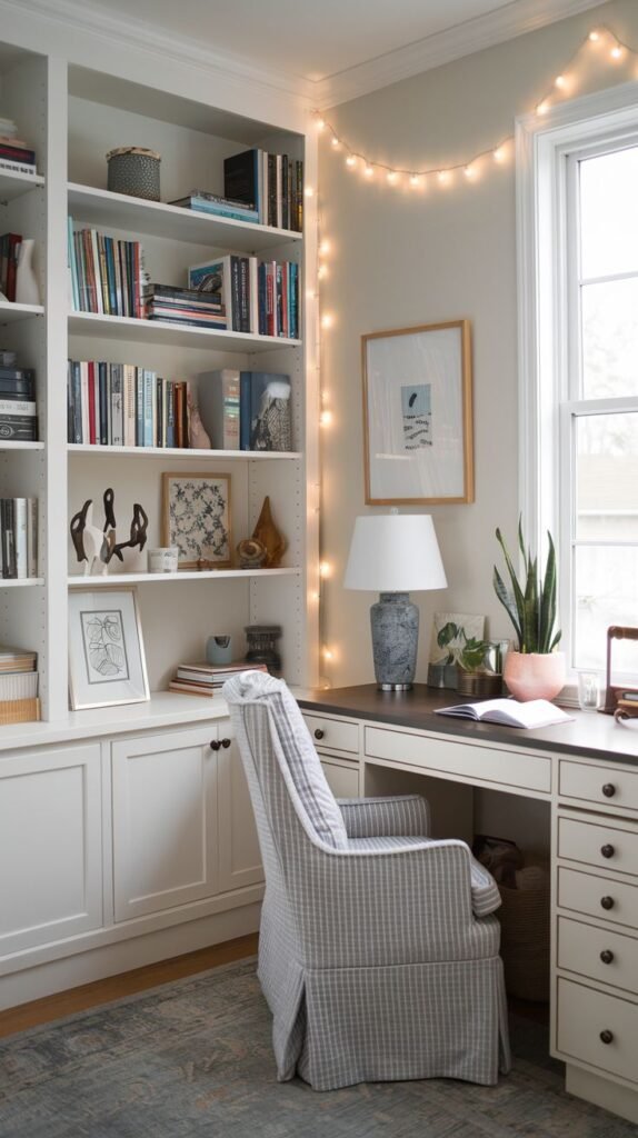A charming guest bedroom transformed into a functional office space, featuring a dark wood desk and a comfortable white upholstered chair by a window. The built-in white bookshelf on the left is adorned with whimsical fairy lights, adding a warm and inviting ambiance to this bedroom.