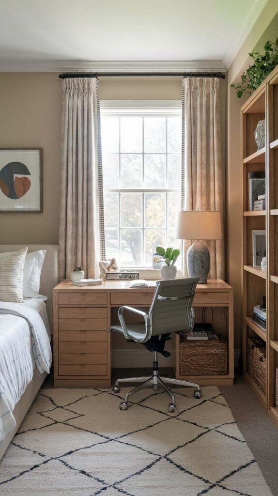 A cozy guest bedroom with a practical office area, including a light wood desk with drawers, a gray office chair, and a tall wooden bookshelf. A large patterned rug adds visual interest to this functional and comfortable bedroom.