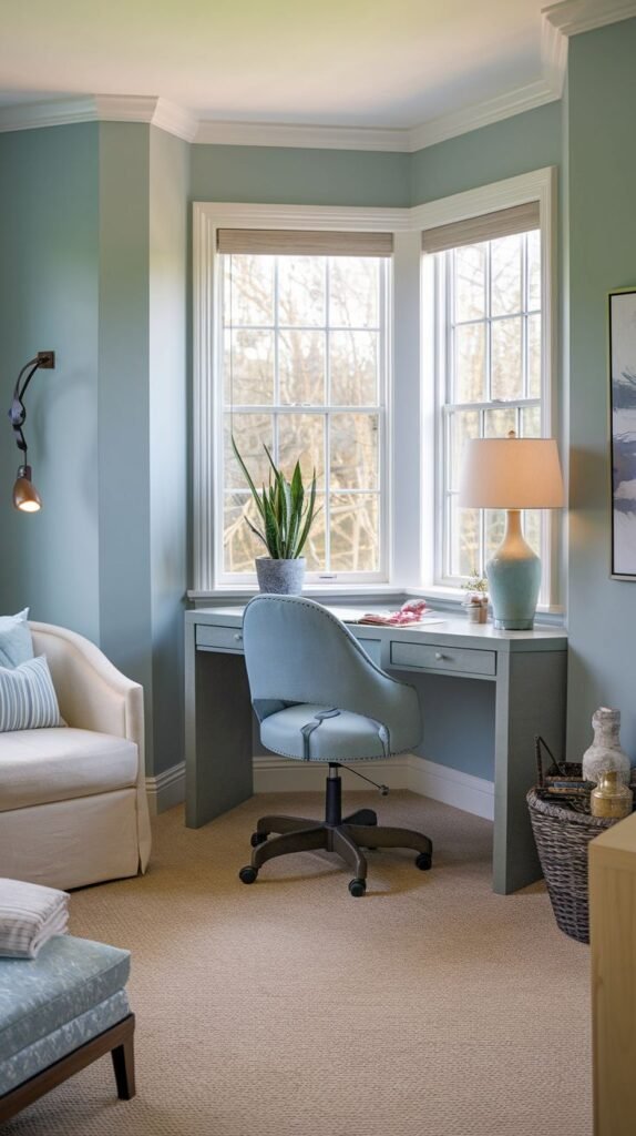 A serene guest bedroom offering a unique office setup within a bright bay window, featuring a light blue desk and a matching office chair. The comfortable armchair and ottoman complete this inviting bedroom, perfect for relaxation and focused work.