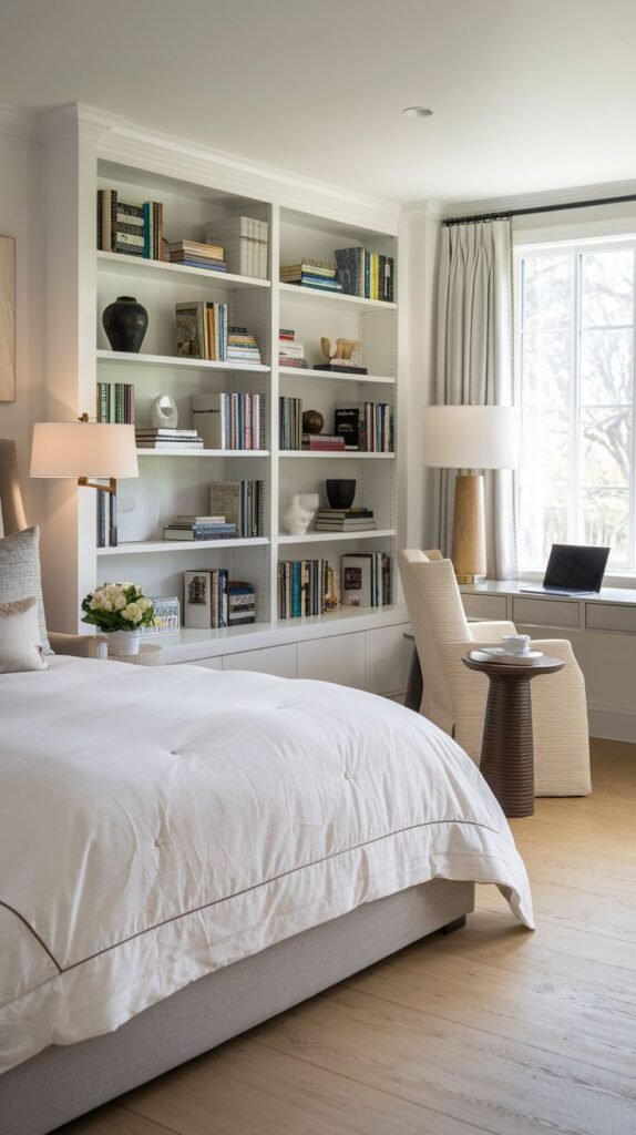 A luxurious guest bedroom seamlessly integrating a sophisticated office space with an extensive white built-in bookshelf and desk unit. The patterned chair and elegant lamps enhance the refined atmosphere of this spacious bedroom.