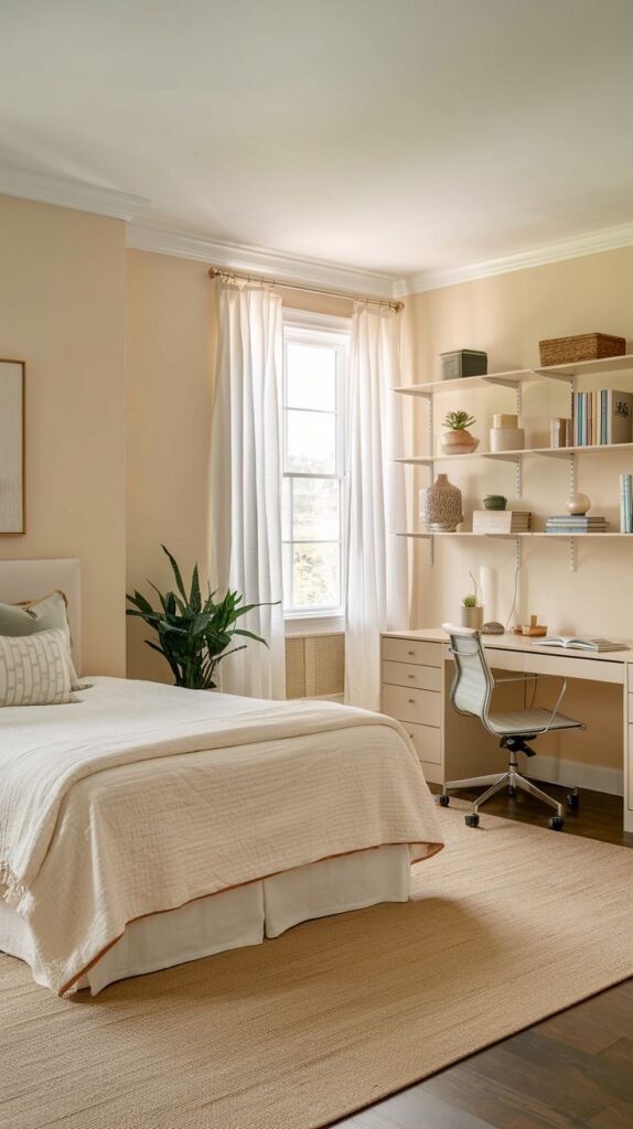 A clean and contemporary guest bedroom with a well-organized office area, including a light wood desk with drawers and a gray office chair beneath floating shelves. The large window with white curtains and simple decor contribute to a calm and productive environment in this bedroom.
